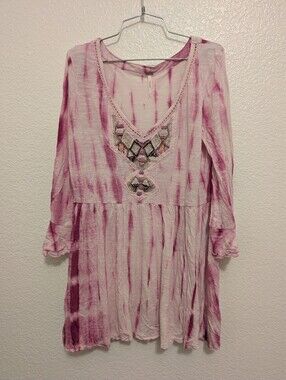 Free People Sun Up Breaded Tie Dye Ombre Pink Mini Dress